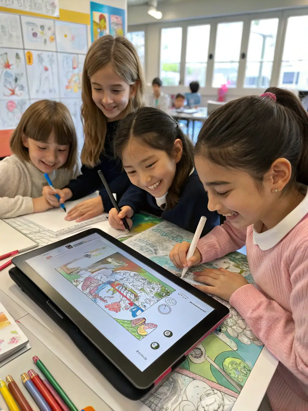 A vibrant image of children participating in an interactive art workshop, learning new skills and expressing their creativity under the guidance of experienced artists.