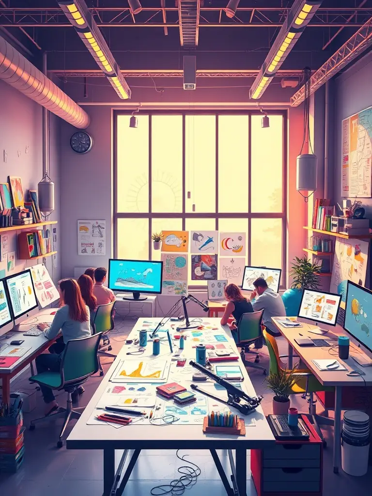 A picture of artists working with technology to create digital art installations, demonstrating the integration of art and technology in innovative ways.