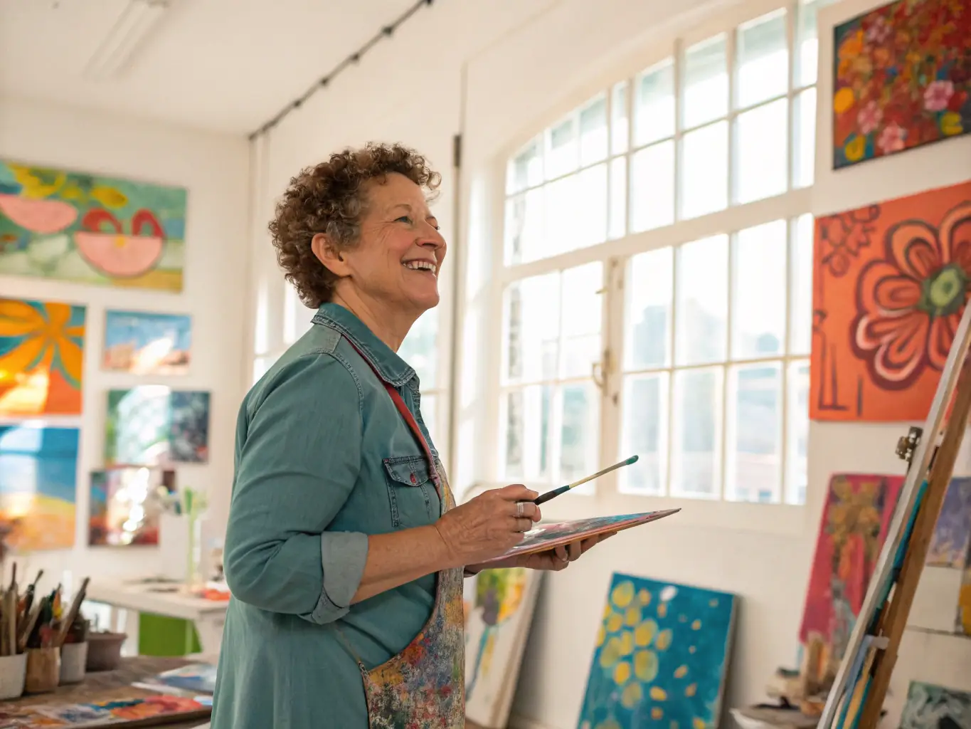 A vibrant photograph capturing a local artist displaying their artwork at an ACADIA ARTS COUNCIL INC-sponsored art exhibition in Crowley, Louisiana. The image should highlight the artist's passion and the community's engagement with the art.