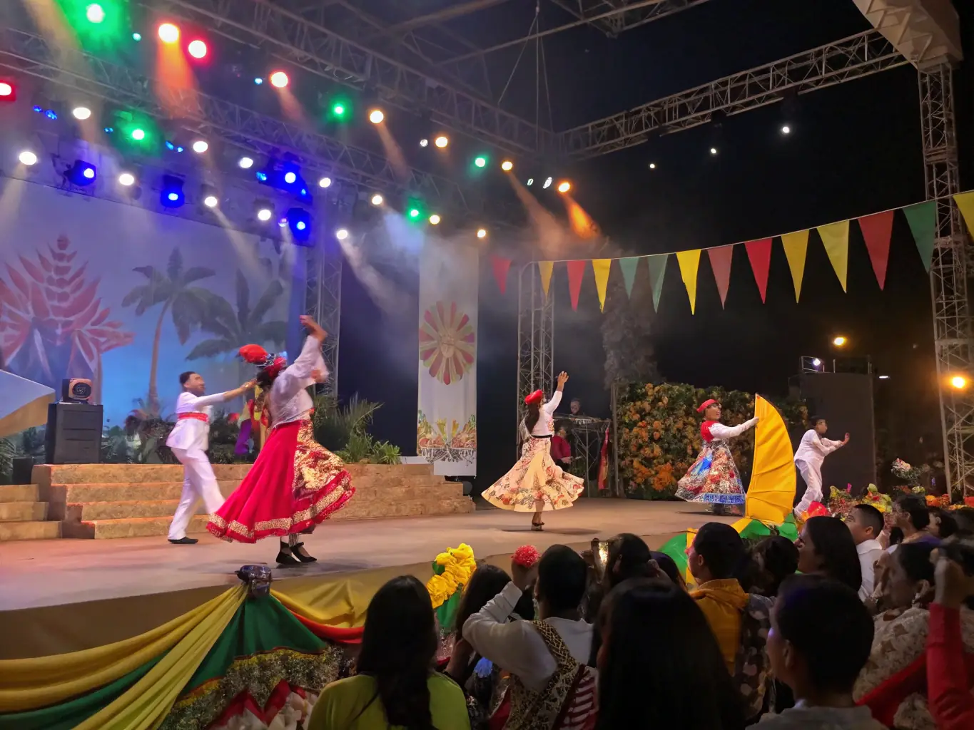 A dynamic photograph of a cultural performance, featuring dancers or musicians in action, capturing the energy and excitement of the event.