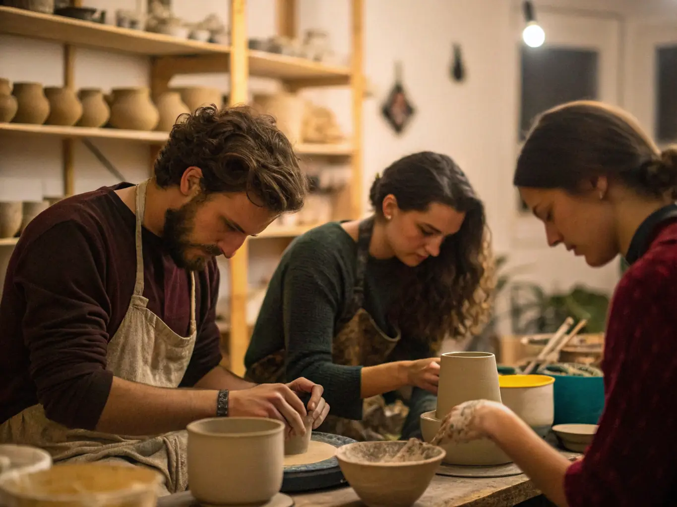 A vibrant photograph capturing participants actively engaged in a pottery workshop, showcasing the hands-on learning experience and creative atmosphere.